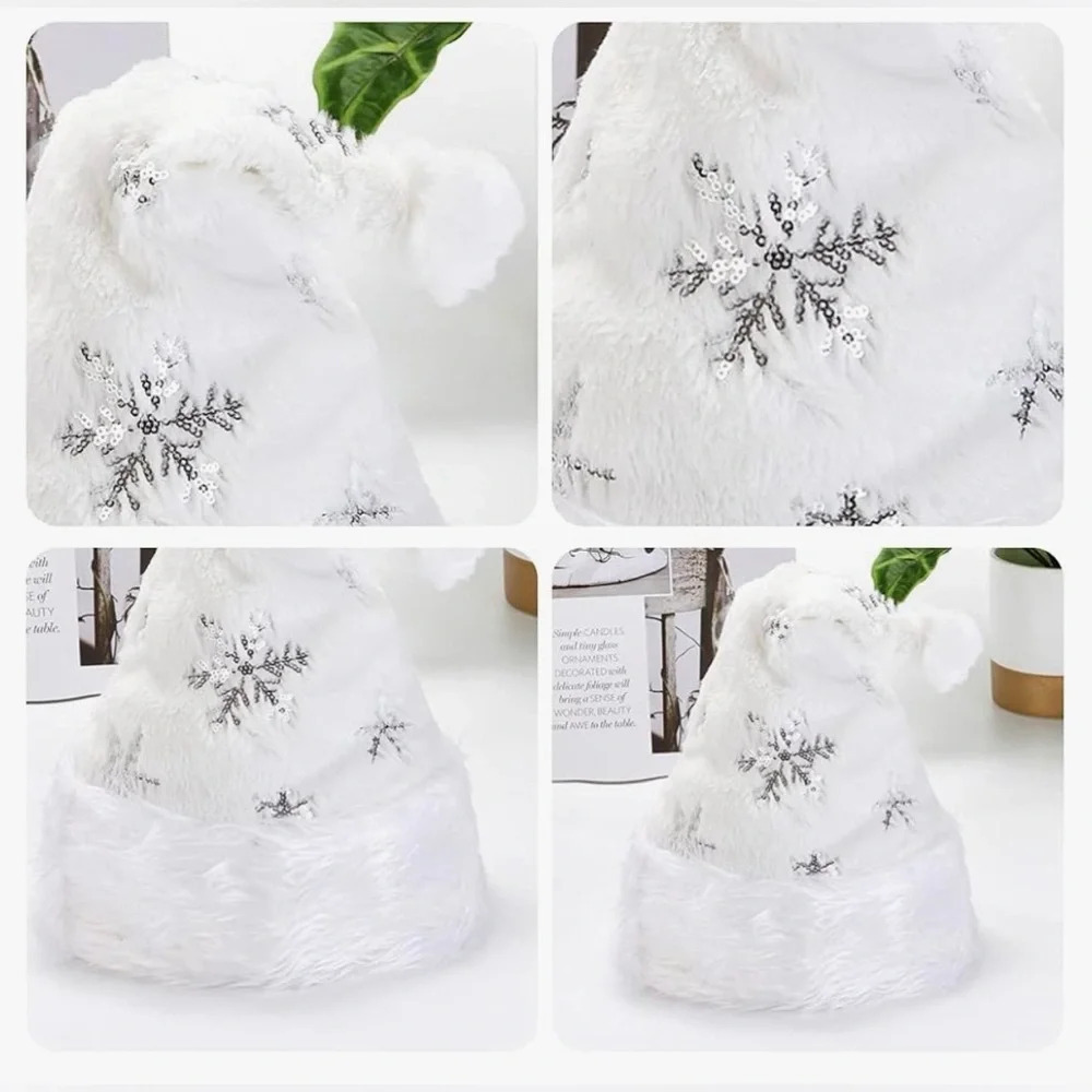 4 Pack Santa Claus Hat Snowflakes Plush Soft Faux Fur Silver Sequin Brand New - Picture 9 of 11